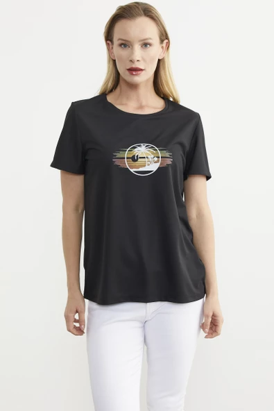 Kısa Kol Baskılı Basic Tişört - Siyah - Resim 3