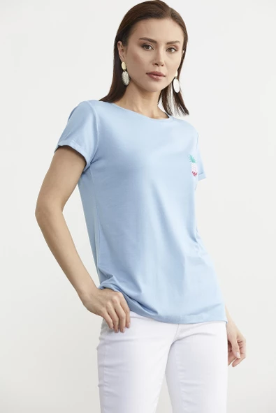Sıfır Yaka Basic Penye Tişört - Mavi - 5