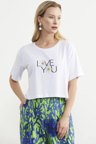 Oversize Baskılı Crop Tişört - Beyaz - 5