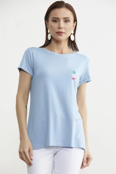 Sıfır Yaka Basic Penye Tişört - Mavi - 2