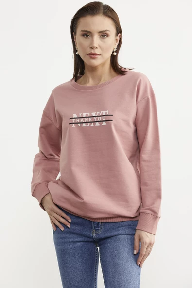 Sıfır Yaka Oversize Sweatshirt - Gül Kurusu - Resim 3