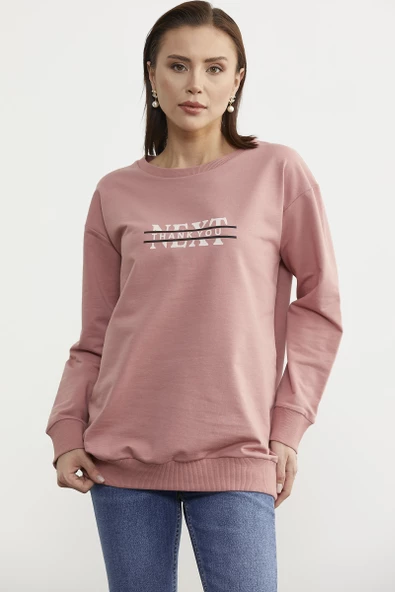 Sıfır Yaka Oversize Sweatshirt - Gül Kurusu - Resim 2