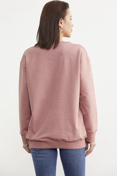 Sıfır Yaka Oversize Sweatshirt - Gül Kurusu - Resim 5