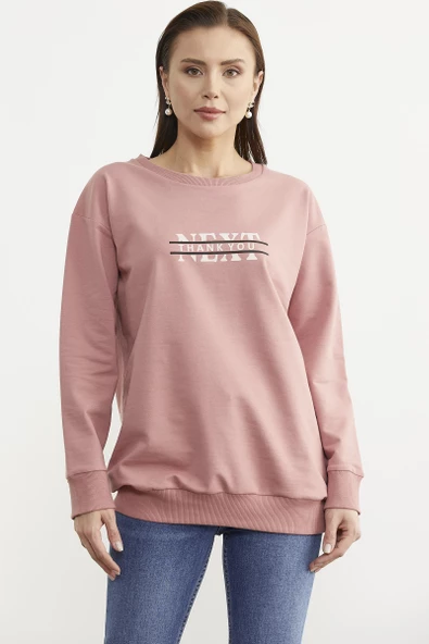 Sıfır Yaka Oversize Sweatshirt - Gül Kurusu