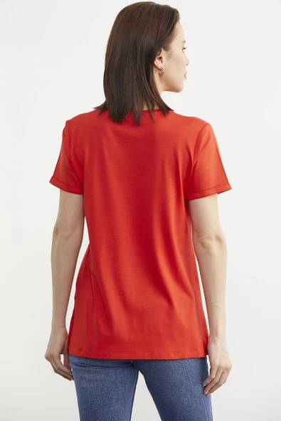 Çiçek Baskılı Regular Fit Tişört - Mercan - 5