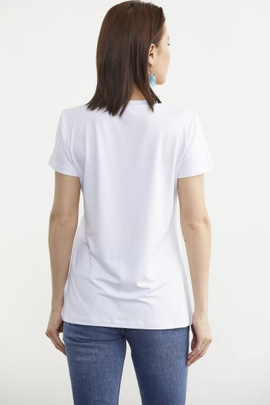 Kelebek Baskılı Basic Tişört - Beyaz - 5