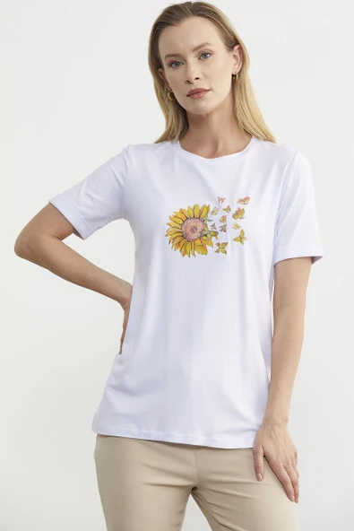 Baskılı Basic Penye Tişört - Beyaz - Resim 4