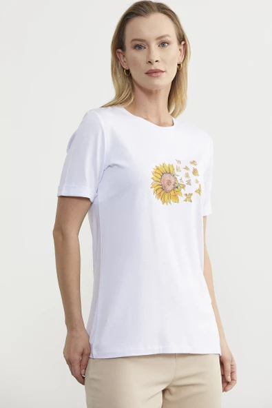 Baskılı Basic Penye Tişört - Beyaz - Resim 3