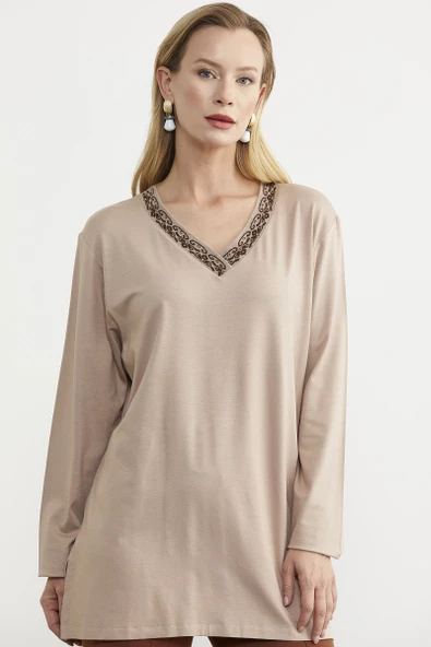 Yaka Detaylı Uzun Kol Tişört - Bej - Resim 3