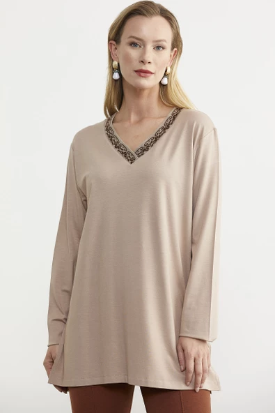 Yaka Detaylı Uzun Kol Tişört - Bej - Resim 4