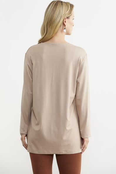 Yaka Detaylı Uzun Kol Tişört - Bej - Resim 5