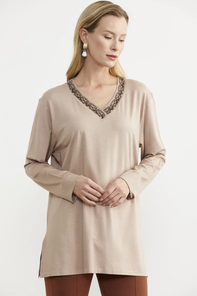 Yaka Detaylı Uzun Kol Tişört - Bej - Resim 2