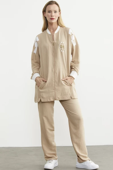 Fermuar Kapamalı Tunik Krep Takım - Taş - Resim 4