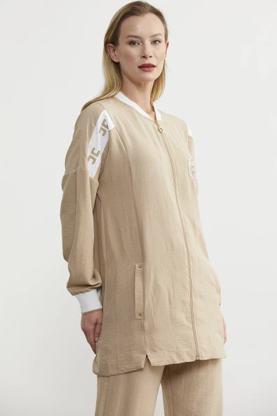 Fermuar Kapamalı Tunik Krep Takım - Taş - Resim 2