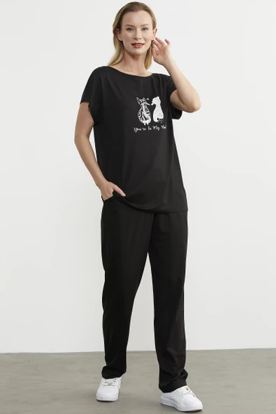 Baskılı Pantolon Bluz Penye Takım - Siyah - 3