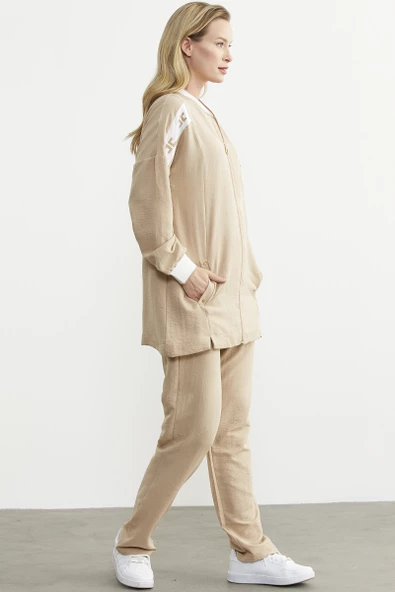 Fermuar Kapamalı Tunik Krep Takım - Taş - Resim 5