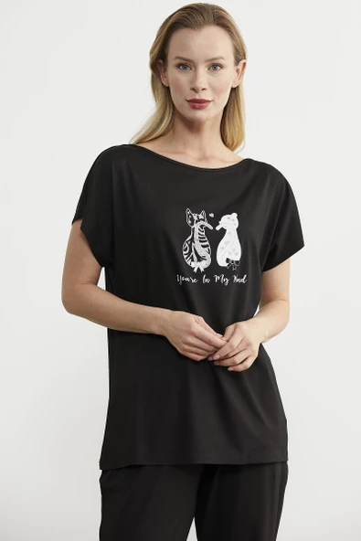Baskılı Pantolon Bluz Penye Takım - Siyah - 5