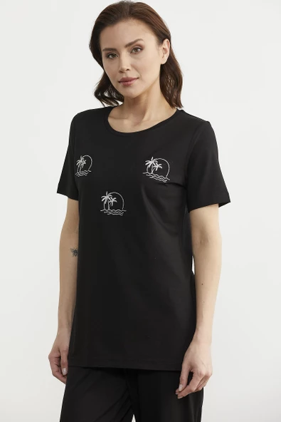 Palmiye Nakışlı Dökümlü Penye Takım - Siyah - Resim 4