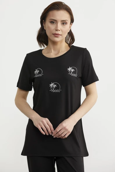 Palmiye Nakışlı Dökümlü Penye Takım - Siyah - Resim 2