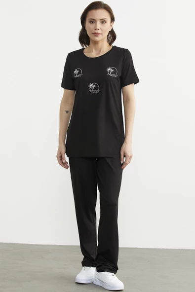 Palmiye Nakışlı Dökümlü Penye Takım - Siyah ürün görseli