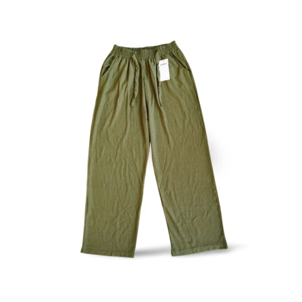Bürümcek Kumaş Beli Lastikli Kadın Uzun Tayt Pantolon Koyu Yeşil - Royaleks