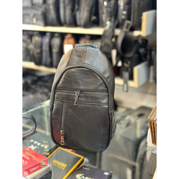 TRG POLO SİYAH DERİ BEL OMUZ ÇANTASI ürün görseli 1