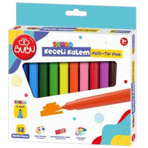 Bu-Bu Keçeli Kalem Jumbo 5 MM Karton Kutu 12 Renk Jumbo Keçeli Boya Kalemi