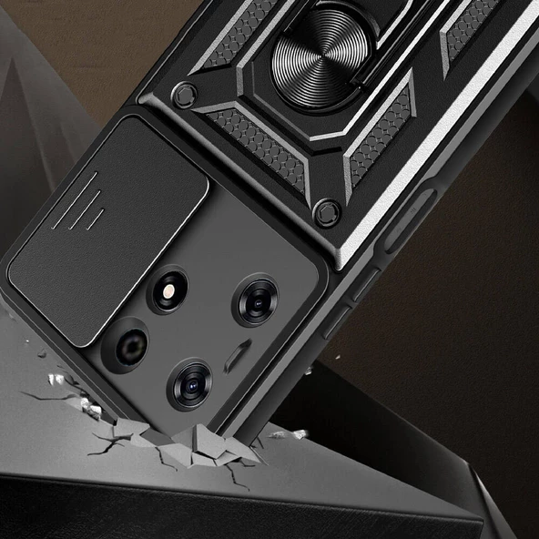 Vendas Tecno Spark 10 Pro Kılıf Magnetik Standlı Kamera Korumalı Zore Sürgülü Vega Kapak - 10