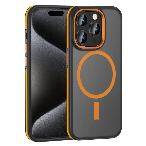 KNY Apple İphone 15 Pro Kılıf Turuncu Şeritli Magsafeli Kamera Korumalı Arkası Buzlu Mat Ant Kapak Siyah