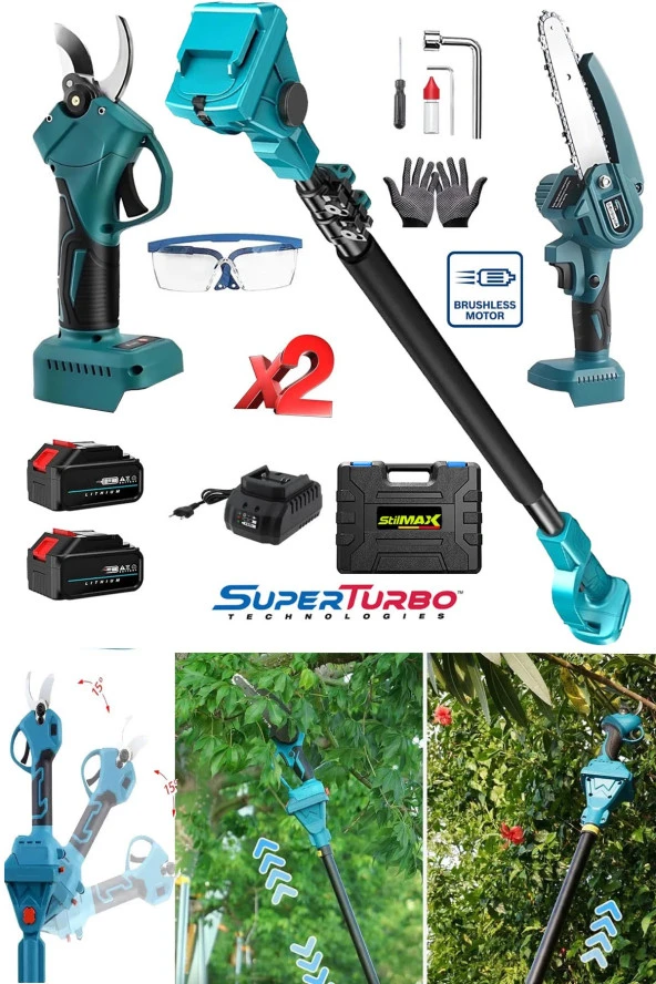 Stilmax 2100VLİON Kömürsüz Blue Seri Çift Akülü Uzaten Teleskopik Şarjlı Dal Budama + Bağ Makası Set - 2