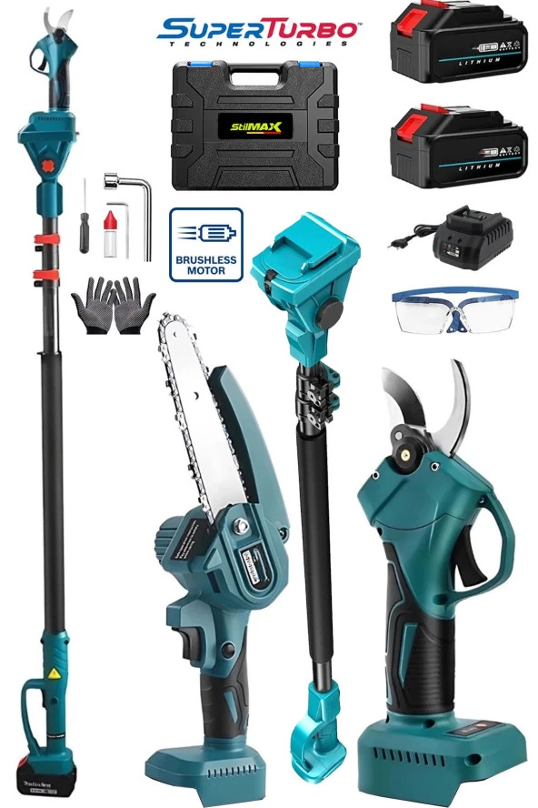 Stilmax 2100VLİON Kömürsüz Blue Seri Çift Akülü Uzaten Teleskopik Şarjlı Dal Budama + Bağ Makası Set - 3