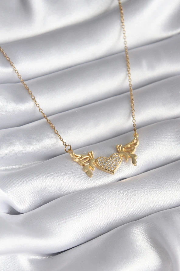 316L Çelik Gold Renk Zirkon Taşlı Kanatlı Kalp Model Kadın Kolye - TJ-BKO8290 ürün görseli