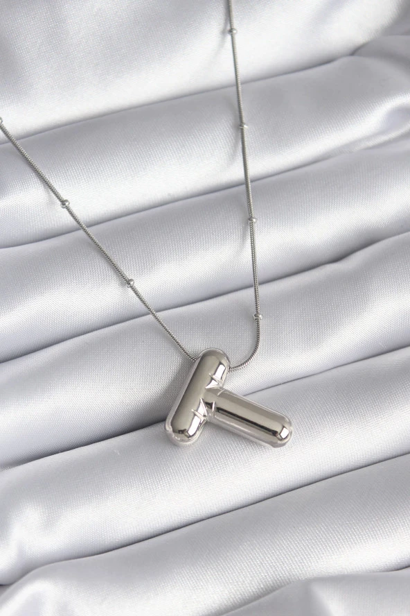 316L Çelik Gümüş Renk Bubble "T" Harf Model Kadın Kolye - TJ-BKO8295 ürün görseli