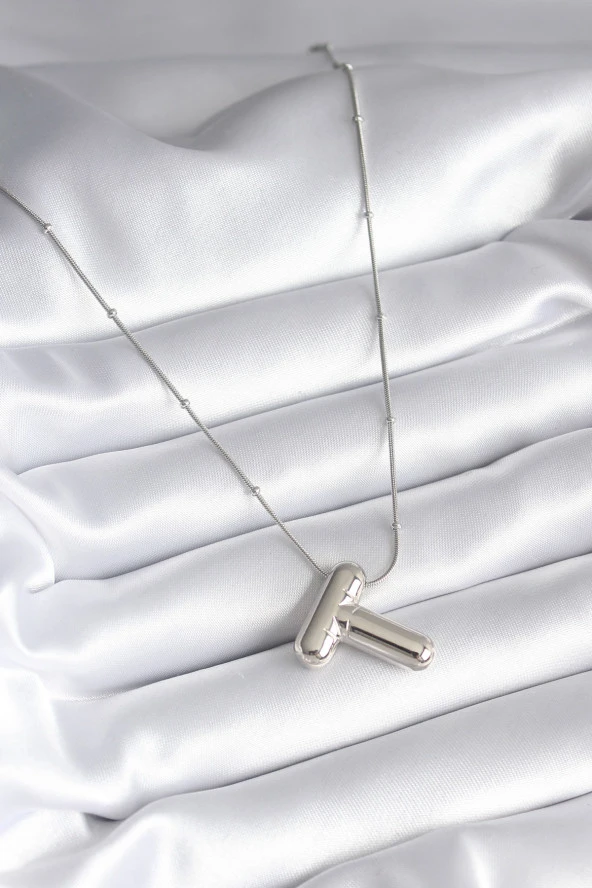 316L Çelik Gümüş Renk Bubble "T" Harf Model Kadın Kolye - TJ-BKO8295 - Resim 2