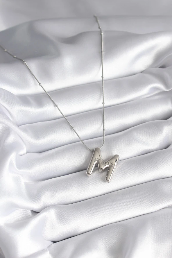 316L Çelik Gümüş Renk Bubble "M" Harf Model Kadın Kolye - TJ-BKO8307 - Resim 2