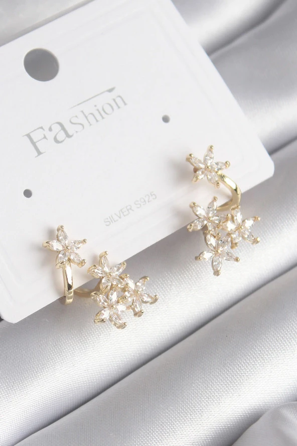 Pirinç Gold Renk Zirkon Taşlı Çiçek Tasarım Kadın Küpe - TJ-BKP8605 ürün görseli