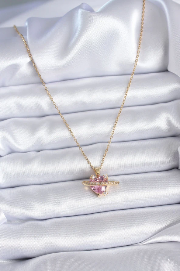 316L Çelik Gold Renk Zincir Pembe Kristal Kalp Model Zirkon Taş Detay Kadın Kolye - TJ-BKO7747 - Resim 2