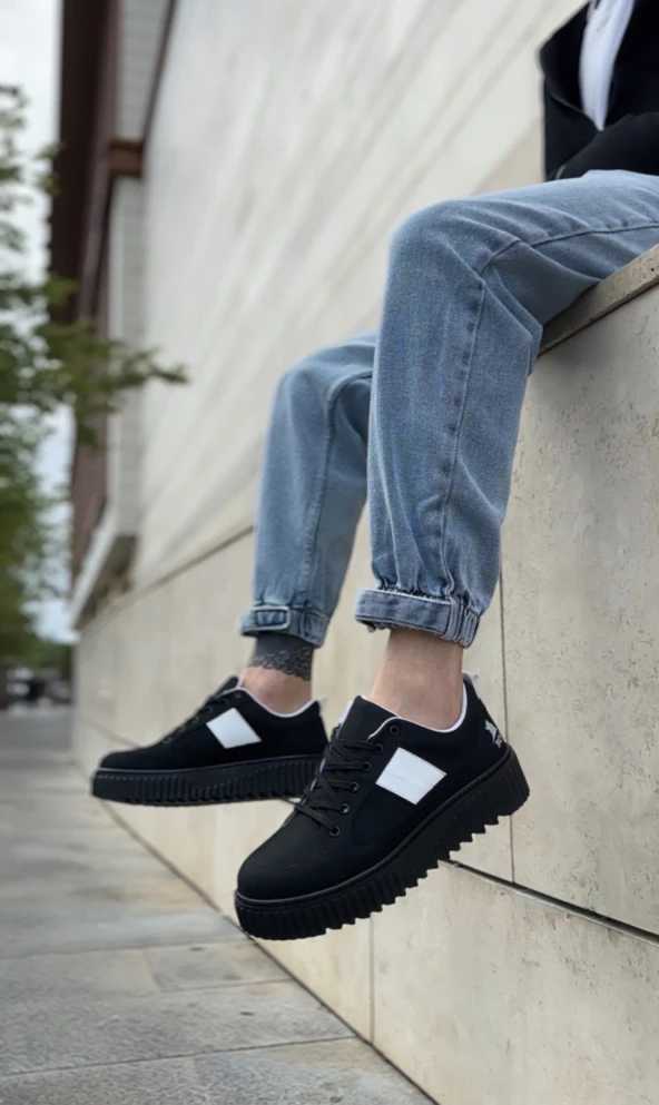 BA0804 BOA Yüksek Siyah Taban Beyaz Detaylı Bağcıklı Erkek Ayakkabı - Resim 4