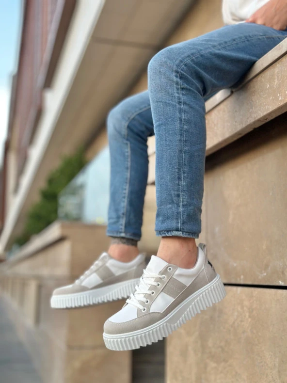 BA0804 BOA Yüksek Beyaz Taban Gri Detaylı Bağcıklı Erkek Ayakkabı - Resim 3