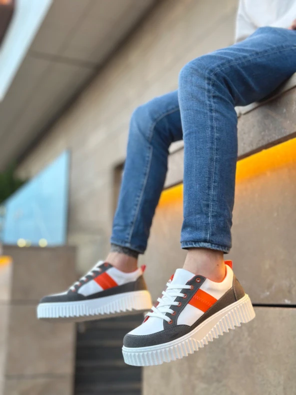 BA0804 BOA Yüksek Beyaz Taban Turuncu Detaylı Bağcıklı Erkek Ayakkabı - 3