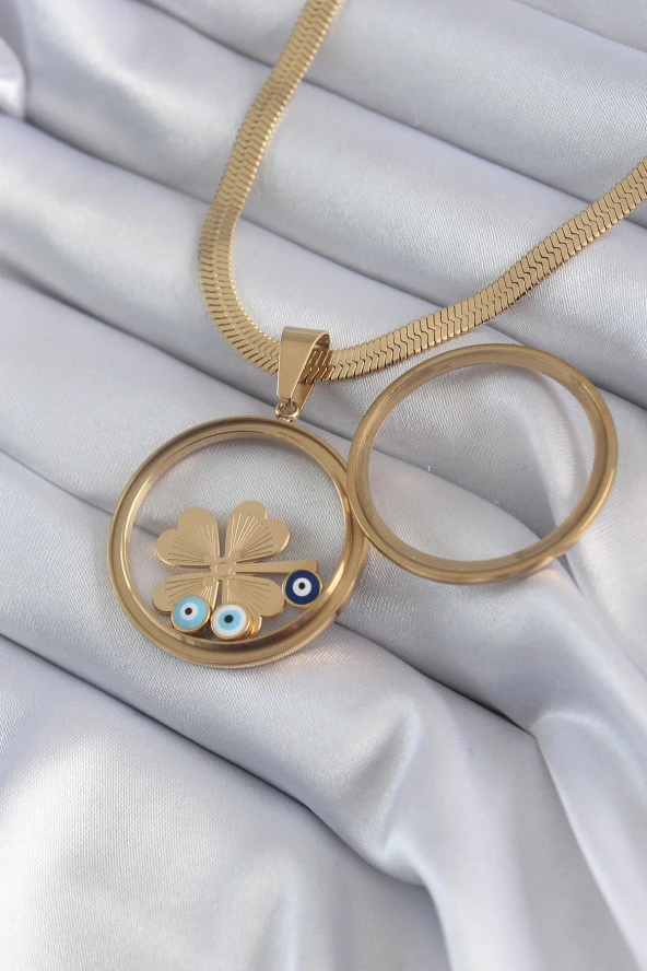 316L Çelik Gold Renk İtalyan Zincir Açılabilir Fanus Yonca Figür Model Kadın Kolye - TJ-BKO8281 ürün görseli