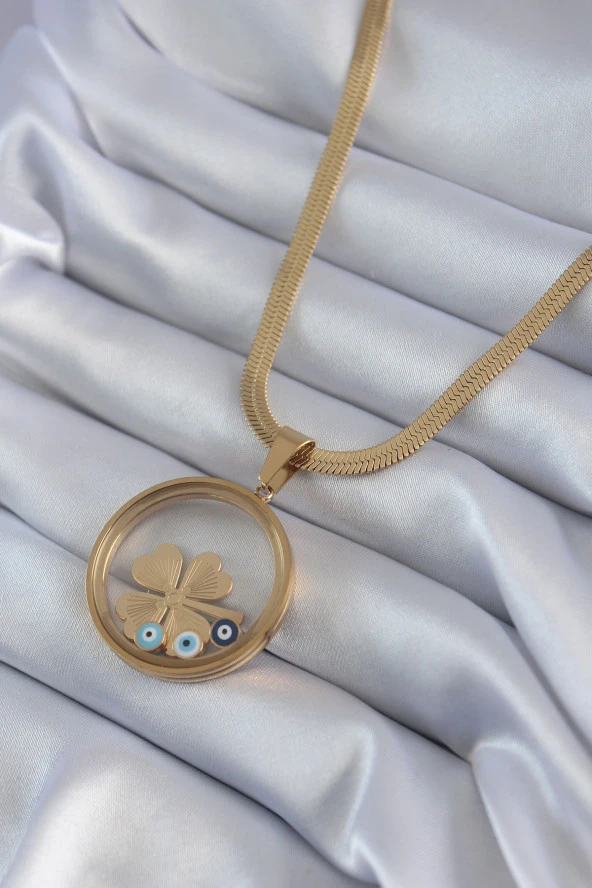 316L Çelik Gold Renk İtalyan Zincir Açılabilir Fanus Yonca Figür Model Kadın Kolye - TJ-BKO8281 - Resim 4