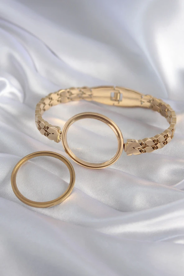 316L Çelik Gold Renk Arpa İşleme Açılabilir Fanus Model Kadın Kelepçe - TJ-BB5911 - Resim 2