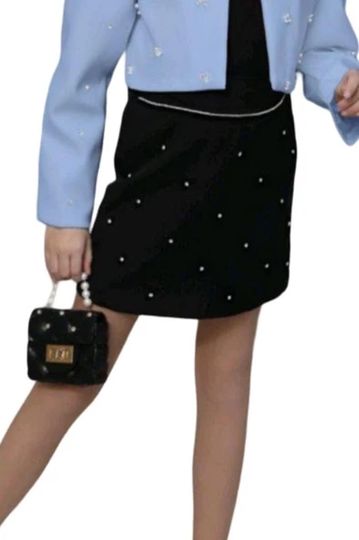 Kız Çocuk Üzeri Taş İşlemeli Etek Askılı Penye Bluz ve Mavi Blazer Ceket Etekli Takım - Resim 3