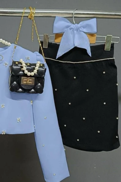 Kız Çocuk Üzeri Taş İşlemeli Etek Askılı Penye Bluz ve Mavi Blazer Ceket Etekli Takım - Resim 8