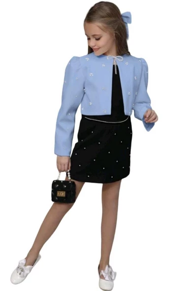 Kız Çocuk Üzeri Taş İşlemeli Etek Askılı Penye Bluz ve Mavi Blazer Ceket Etekli Takım ürün görseli