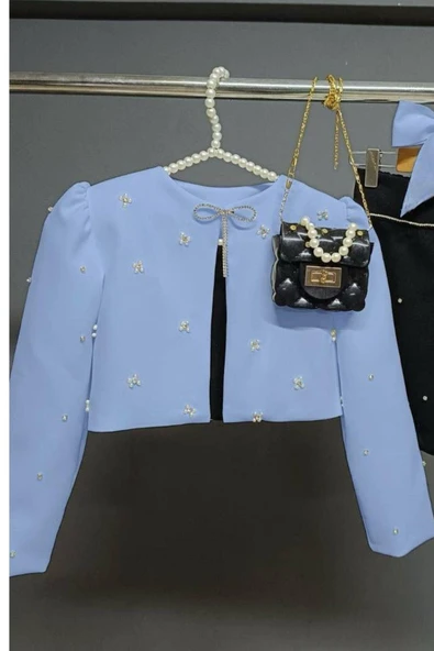 Kız Çocuk Üzeri Taş İşlemeli Etek Askılı Penye Bluz ve Mavi Blazer Ceket Etekli Takım - Resim 7