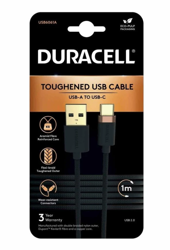 Duracell 1m USB-A to USB-C Örgülü Şarj Kablosu - Siyah