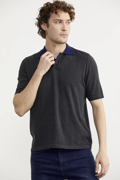 Pamuk Polo Yaka Kısa Kol Triko Tişört - Antrasit - Resim 3