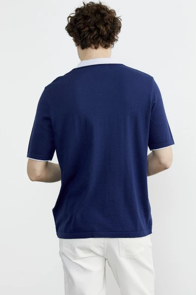 Pamuk Polo Yaka Kısa Kol Triko Tişört - Lacivert - Resim 6